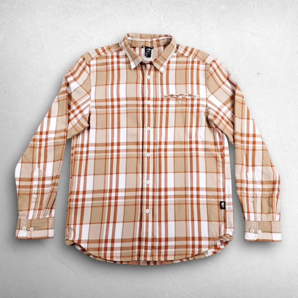 North Face Junction Woven Flannel Shirt Men M Tan Orange Cotton Travel Outdoor